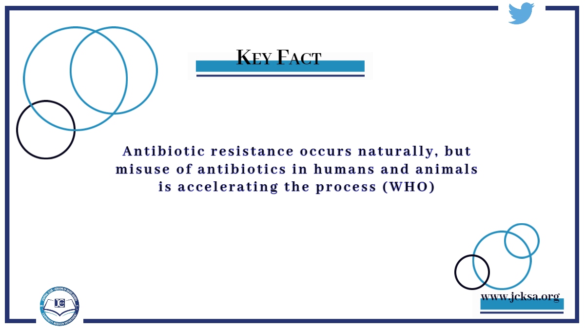 The_JCKSA's tweet photo. The world urgently needs to change the way it prescribes and uses antibiotics. Check the key facts about the antibiotics:

#facts 
#jcksa
#share_knowledge_togather https://t.co/D2vVmOC2La