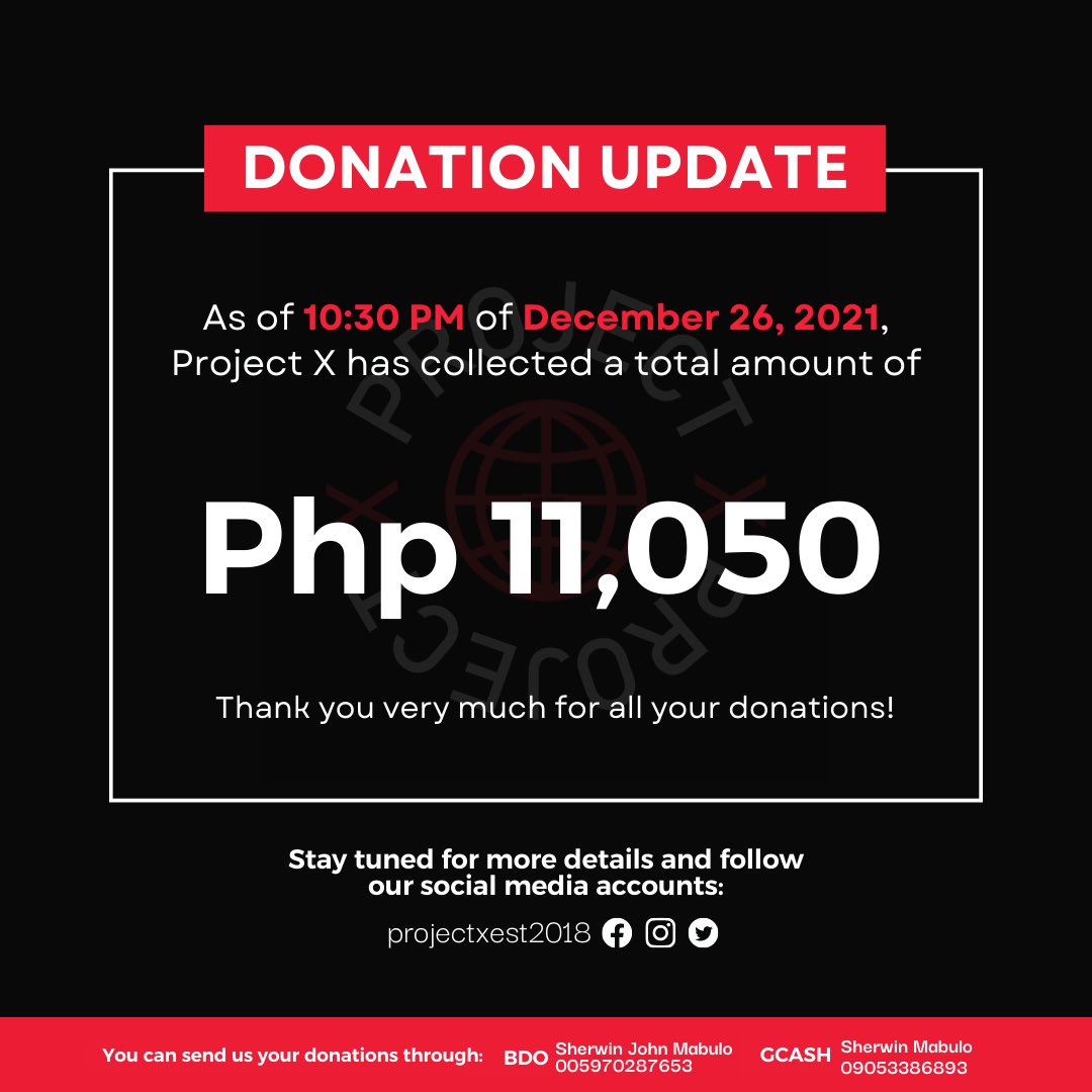 projectxest2018's tweet photo. FUNDRAISING UPDATE: 

As of 10:30 PM of December 26, Project ❌ has collected a total amount of Php 11,050 cash donations for the victims of Typhoon Odette in Cebu.

We are very happy for all the support you have given our organization and our projects. https://t.co/wNlrA0ARIG