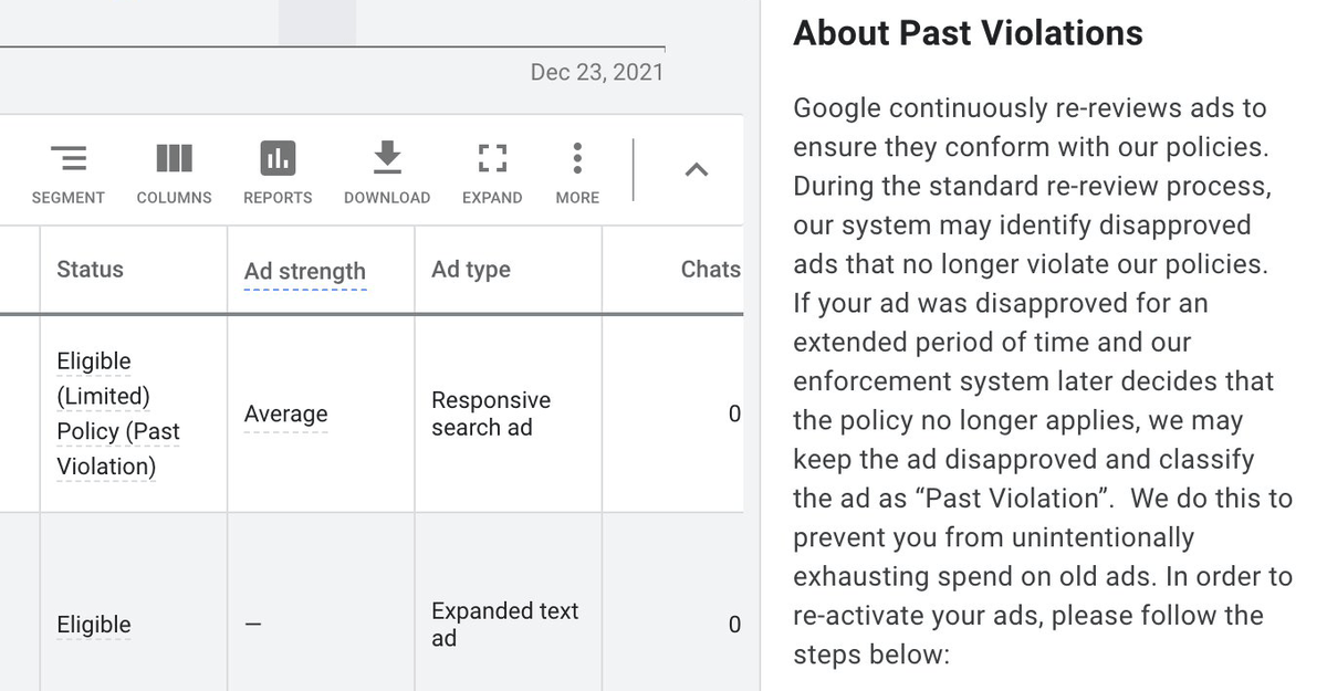 ICYMI: Google Ads "past violations" status internationally limits the ad until you reactivate it seroundtable.com/google-ads-pas…