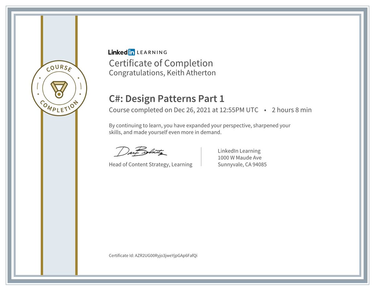 MrKeithAtherton's tweet photo. Just finished the course “C#: Design Patterns Part 1” by @RichGoforth! Check it out: https://t.co/i6DlW0cxW5 #softwaredesignpatterns #csharp #softwaredesign #softwarearchitecture

Great course and excellent hands-on examples 👍 https://t.co/oeeuNdRZAa