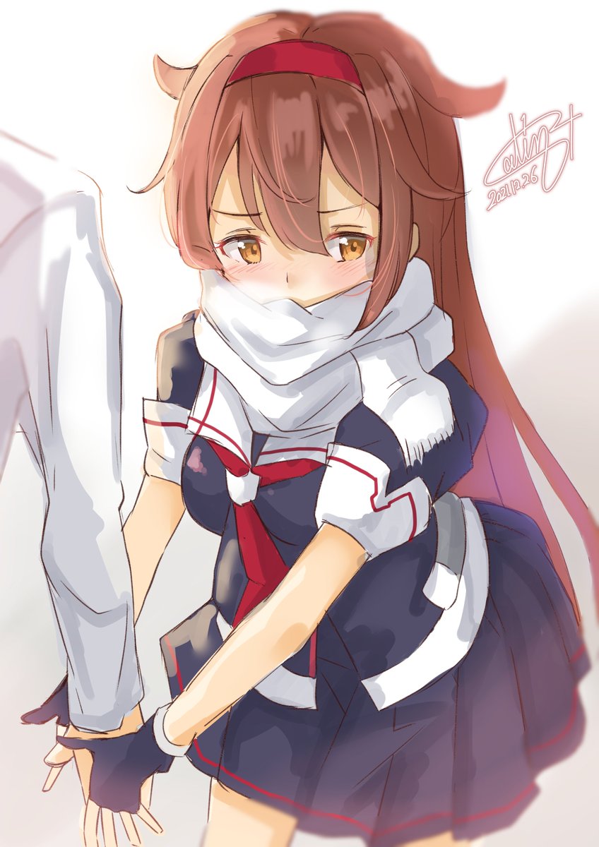 shiratsuyu (kancolle) 1girl white scarf brown hair school uniform scarf skirt hair flaps  illustration images