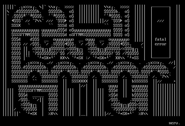 NERVascii's tweet image. &quot;fatal error&quot; #ascii #logo, 80x25 –part of a wider, still unreleased, design project.

#asciiart #ansi #nfo #textmodeart #text #typography #logodesign #monochrome #digitalgraffiti #graffiti #digitalart #art #retrocomputing #retrographics #retro #1bit #bbs #scene #demoscene