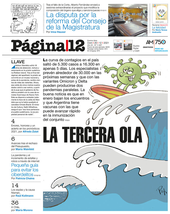 pagina12's tweet photo. LA TERCERA OLA
La curva de contagios en el país saltó de 5300 casos a 16300 en apenas 5 días. Los especialistas prevén alrededor de 30000 en las próximas semanas y que con las variantes Ómicron y Delta pueden producirse pandemias paralelas. [https://t.co/N96KZg09Bb] https://t.co/G4bNUNNLXe