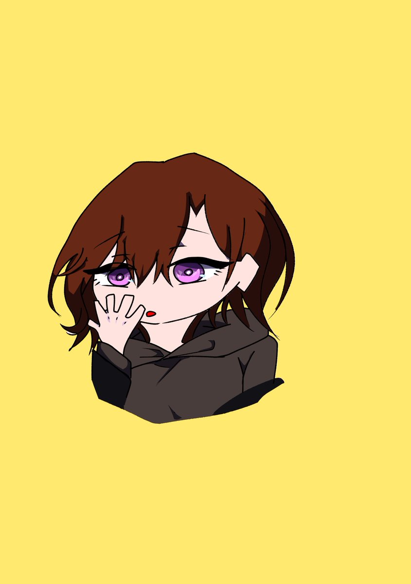 higuchi madoka 1girl yellow background solo brown hair purple eyes mole under eye hood  illustration images
