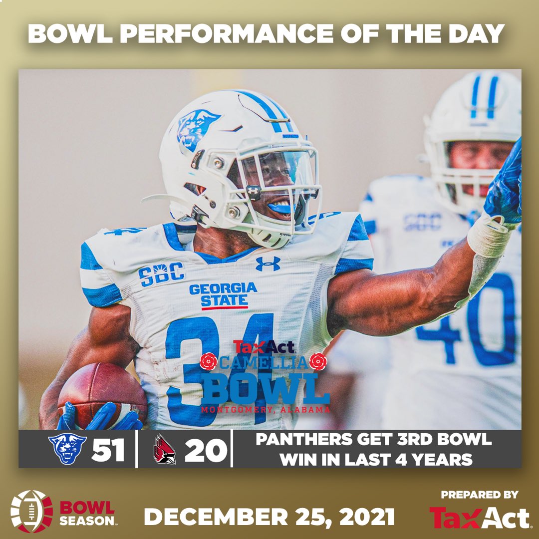 BowlSeason's tweet photo. Yesterday’s #BowlSeason #BowlPerformanceOfTheDay, prepared by @TaxAct, goes to @GeorgiaStateFB!
The #Panthers beat #BallState 51-20 in the @CamelliaBowl for their 3rd #BowlWin in 4 years! 🎉🏈 https://t.co/u3uXKa84uj