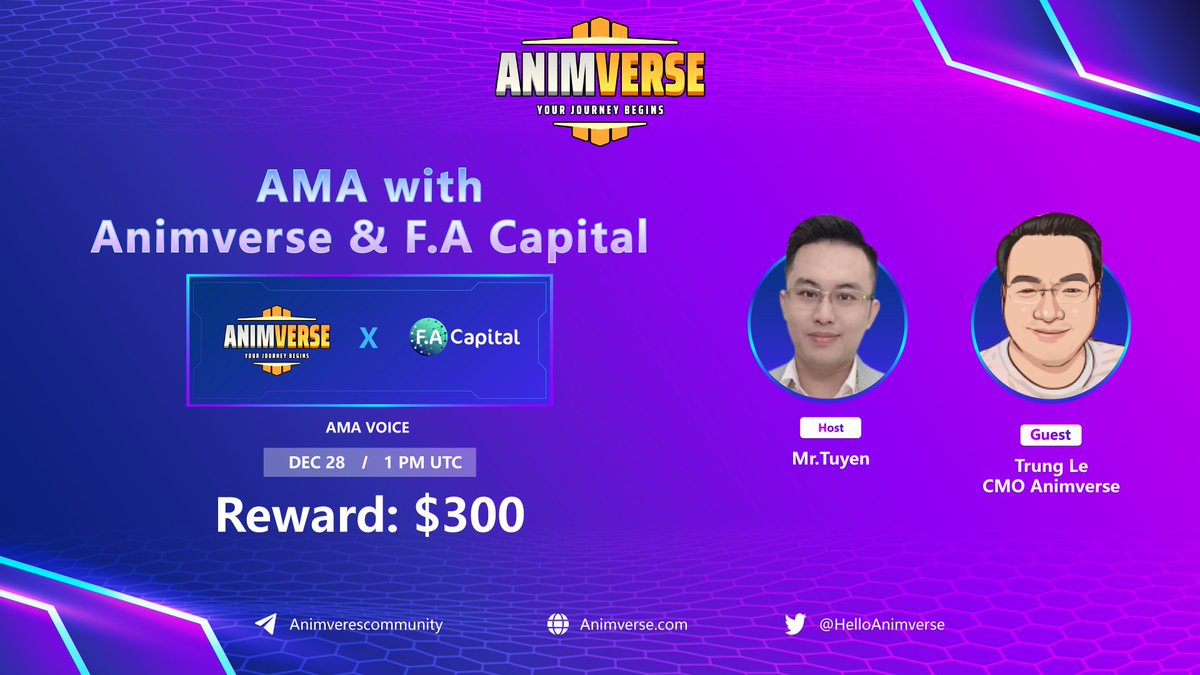 ASK ME ANYTHING - ANIMVERSE x F.A CAPITAL

Time &amp; Date: 13:00 UTC Dec 28th, 2021
Venue: t.me/FACapitalGroup 
️Reward Pool: $300 for 10 Animverse IDO tickets, 30$/ ticket

📌Please leave your question to our host here: forms.gle/vvZLf8DDnikcd7…

Detail: animverse.substack.com/p/ask-me-anyth…