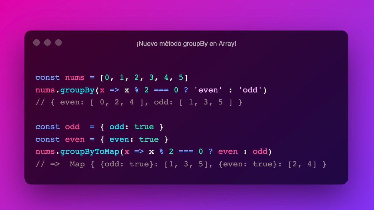 midudev's tweet photo. 🆕 ¡Dos nuevos métodos se acercan a Array en JavaScript!

groupBy y groupByToMap transforman un Array a un objeto o a un Map agrupando sus valores en la llave que devuelva el callback. 🔝

Ya están en Fase 3 por lo que en 2022 veremos a los navegadores empezar a incorporarlo. 🤩 https://t.co/ZtY26Ti16b