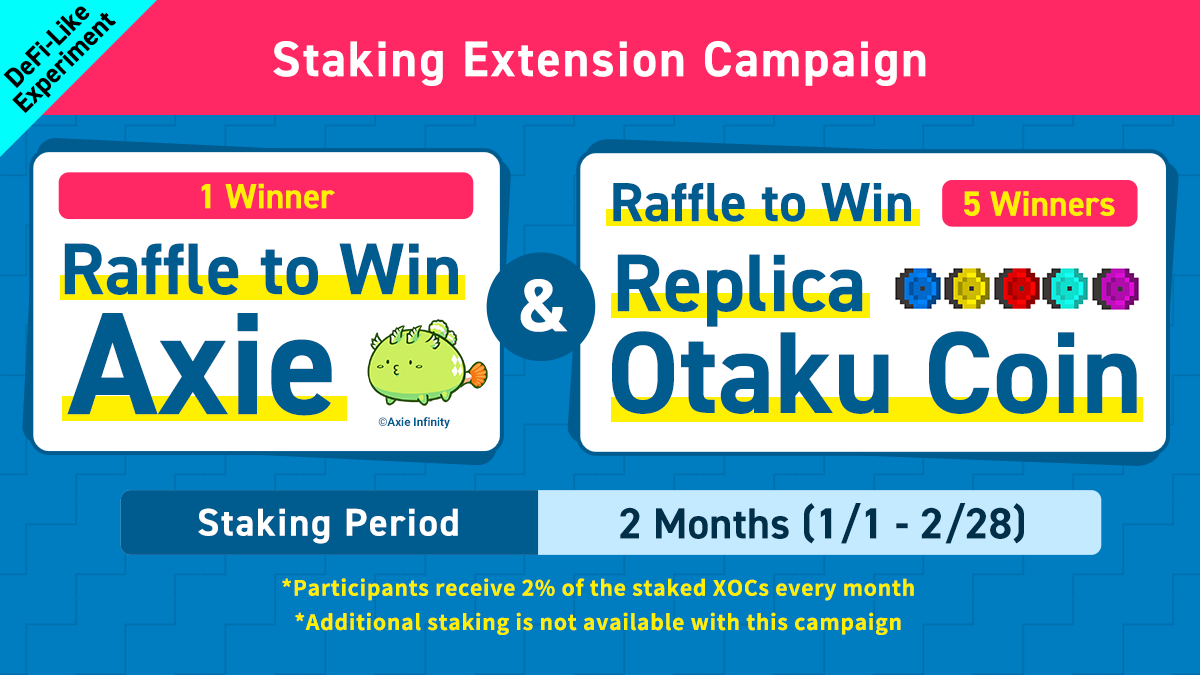 NFTTmarket_EN's tweet photo. Continue your XOC staking and join the lottery for Axies and Replica Otaku Coins❗
The more you have staked, the greater your chance to win⏫
>Until 12/31 23:59 (JST)<
If you want to "Continue All" or "Continue Half",
apply from the Official App https://t.co/FVAdUlHo3m https://t.co/eRoMo8IROJ