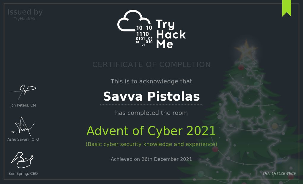savvapistolas's tweet image. I have thoroughly enjoyed competing the @RealTryHackMe #adventofcyber3 Cyber Security Advent calendar over my Christmas break! I can now proudly present my certificate of completion of the 25 unique and well presented #CyberSecurity challenges...