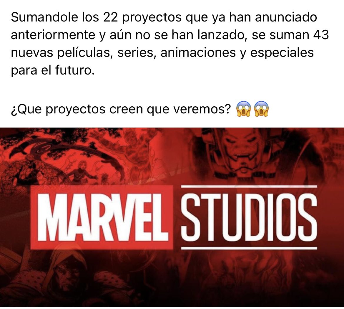 eljuanleon's tweet photo. 🚨¡RUMOR!🚨

Según el insider #CharlesMurphy, #MarvelStudios actualmente tiene en desarrollo 21 proyectos en desarrollo. 😳😱 https://t.co/GYJjYk0pi1