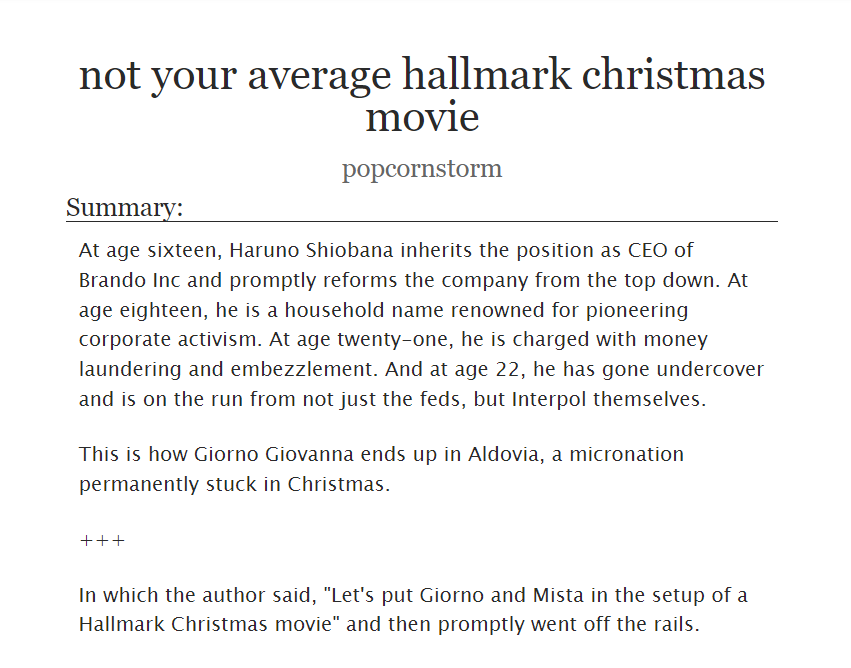 wrote a lil christmas giomis fic for whammie as part of <a href="/BizarreBobos/">Bobo ✒️</a> and <a href="/Seiyofira/">Seiyofira</a> 's xmas fic exchange!! check it out here: archiveofourown.org/works/35832694