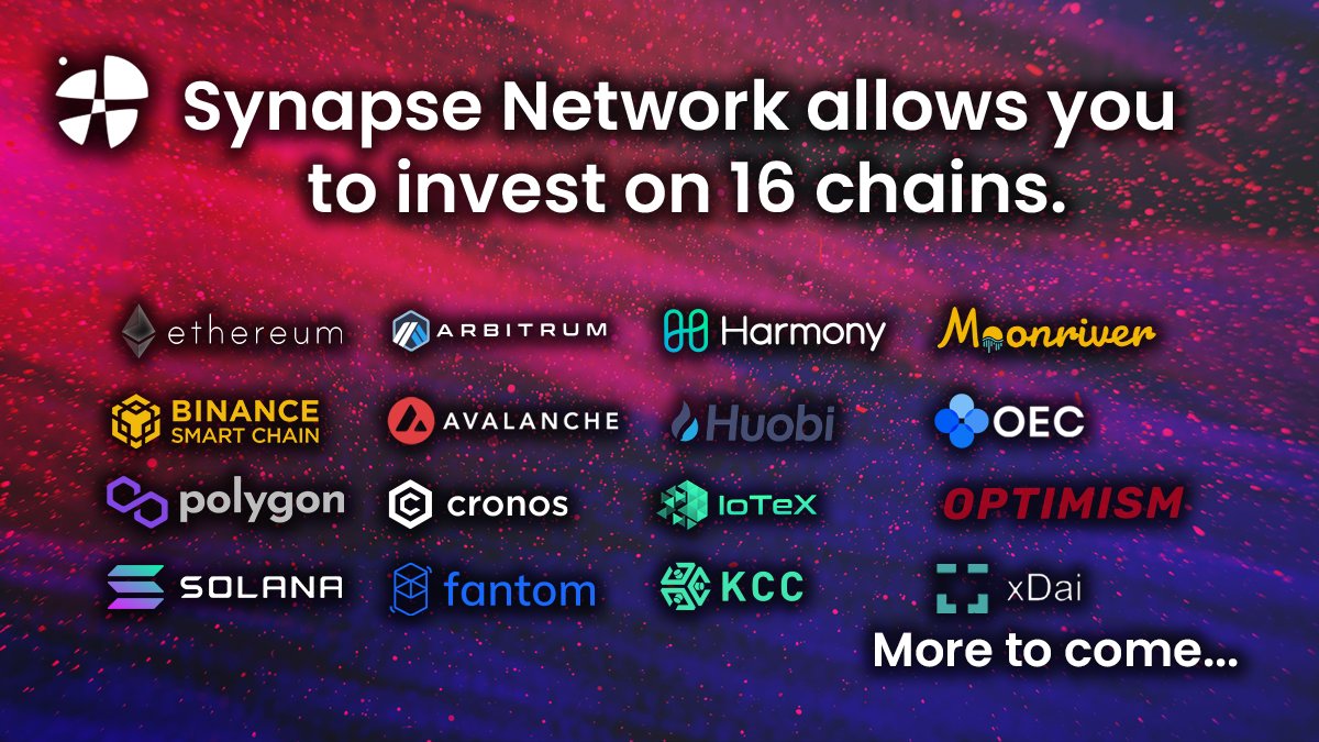 🔥 Another great news for #SynapseWarriors 🔥 From now on, Synapse Network gives you the opportunity to invest on 16 chains! 🚀 Check out the list of currently available chains below 🤩⬇️ More to come soon! ⚡