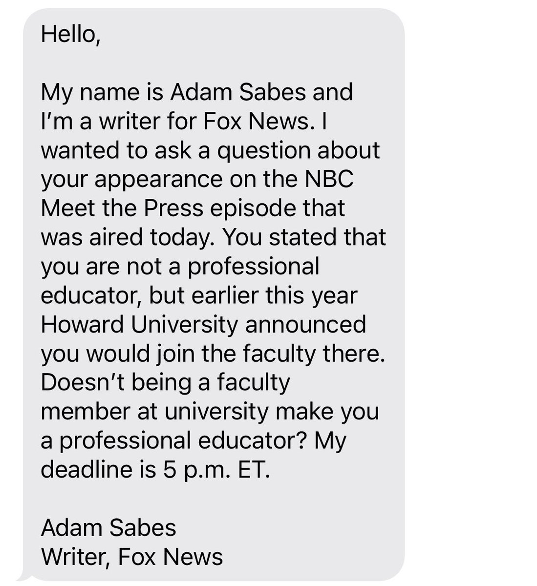 F*x News watched my Meet The Press interview where I said professional K-12 educators, not parents, are the experts in what to teach including those educating my own child, and this is their gotcha from that interview.