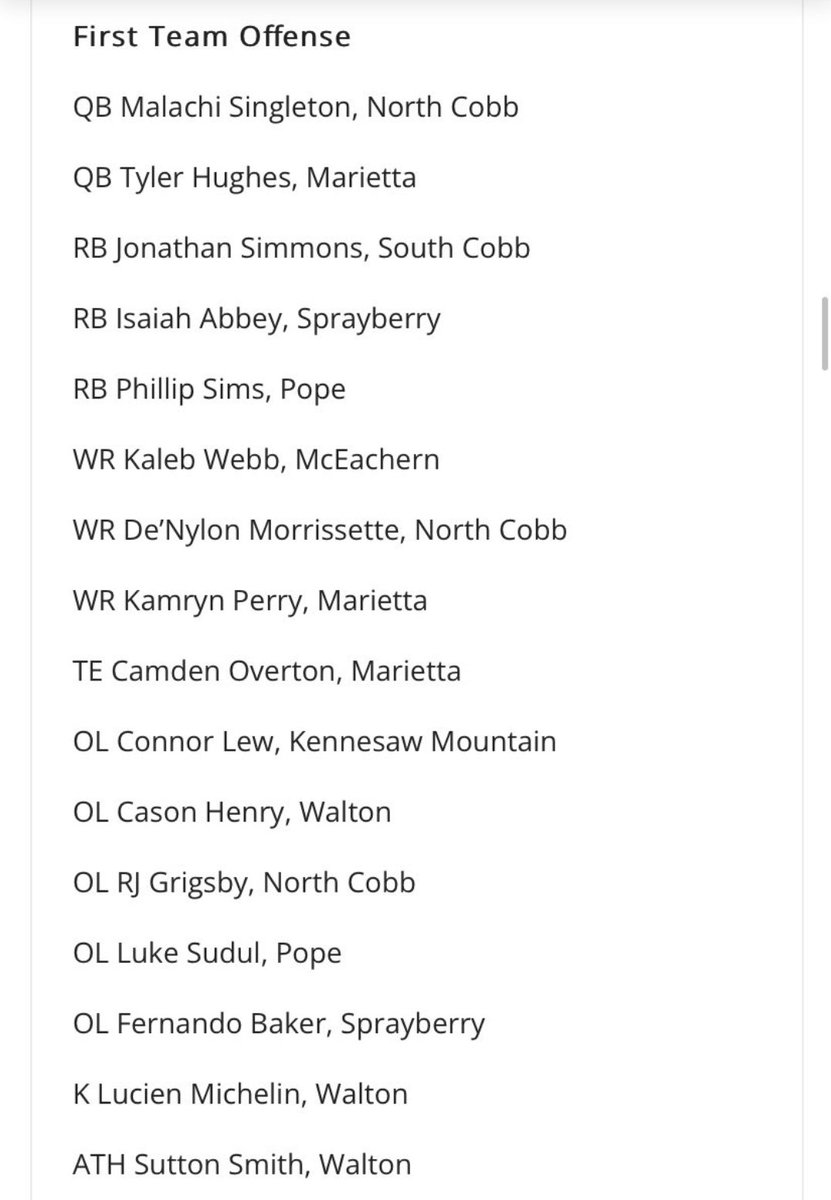 Very happy to be named Cobb county first team kicker. Along with my fellow Raiders <a href="/realcasonhenry/">Cason Henry</a> and the wizard <a href="/sutton5_/">Sutton Smith 5️⃣</a>. Thank you to all the coaches who have helped me along this amazing journey. <a href="/WaltonRecruits/">Walton(GA)Recruiting</a> @Mansell247 <a href="/RecruitGeorgia/">Recruit Georgia</a> <a href="/CobbFballFri/">Cobb Football Friday</a> <a href="/Chris_Sailer/">Chris Sailer Kicking</a>