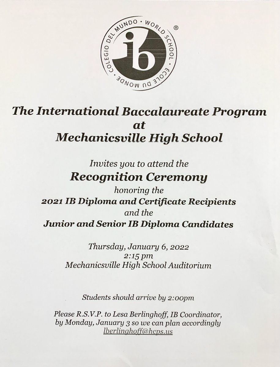 Class of 2021 IB Diploma and Certificate recipients - we are celebrating YOU on Jan 6th.  Current junior and senior diploma candidates - we are also recognizing you!  Please RSVP by January 3rd so we can plan accordingly.  <a href="/M_villeHS/">Mechanicsville High School</a>