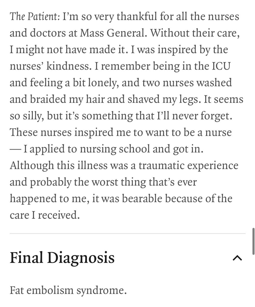 Moving case report in this week’s <a href="/NEJM/">NEJM</a> on fat embolism, which ended in a way I’ve never seen before—in the patient’s own words.

How can we make this the standard for scientific publication?  

nejm.org/doi/full/10.10…