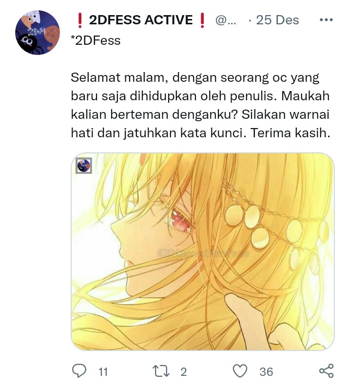 `  Halo, dengan menfess sender di sini. Jangan sungkan untuk menyapa karakterku ya. Maaf karena malas tag satu persatu.