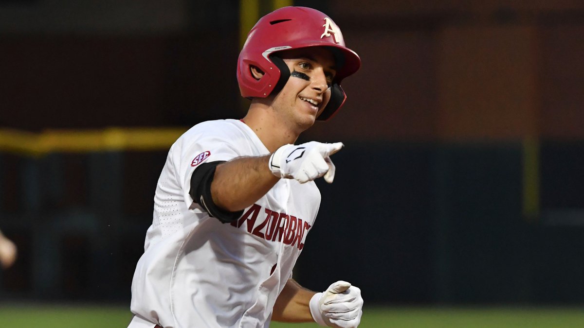 MLBPipeline's tweet photo. Robert Moore provided many memorable moments for @RazorbackBSB during the 2021 season, leading the team with 16 homers.

The switch-hitting slugger checks in at No. 11 on our Top 100 Draft Prospect list: https://t.co/4op4HL1uAI https://t.co/6uiT6BwsfE