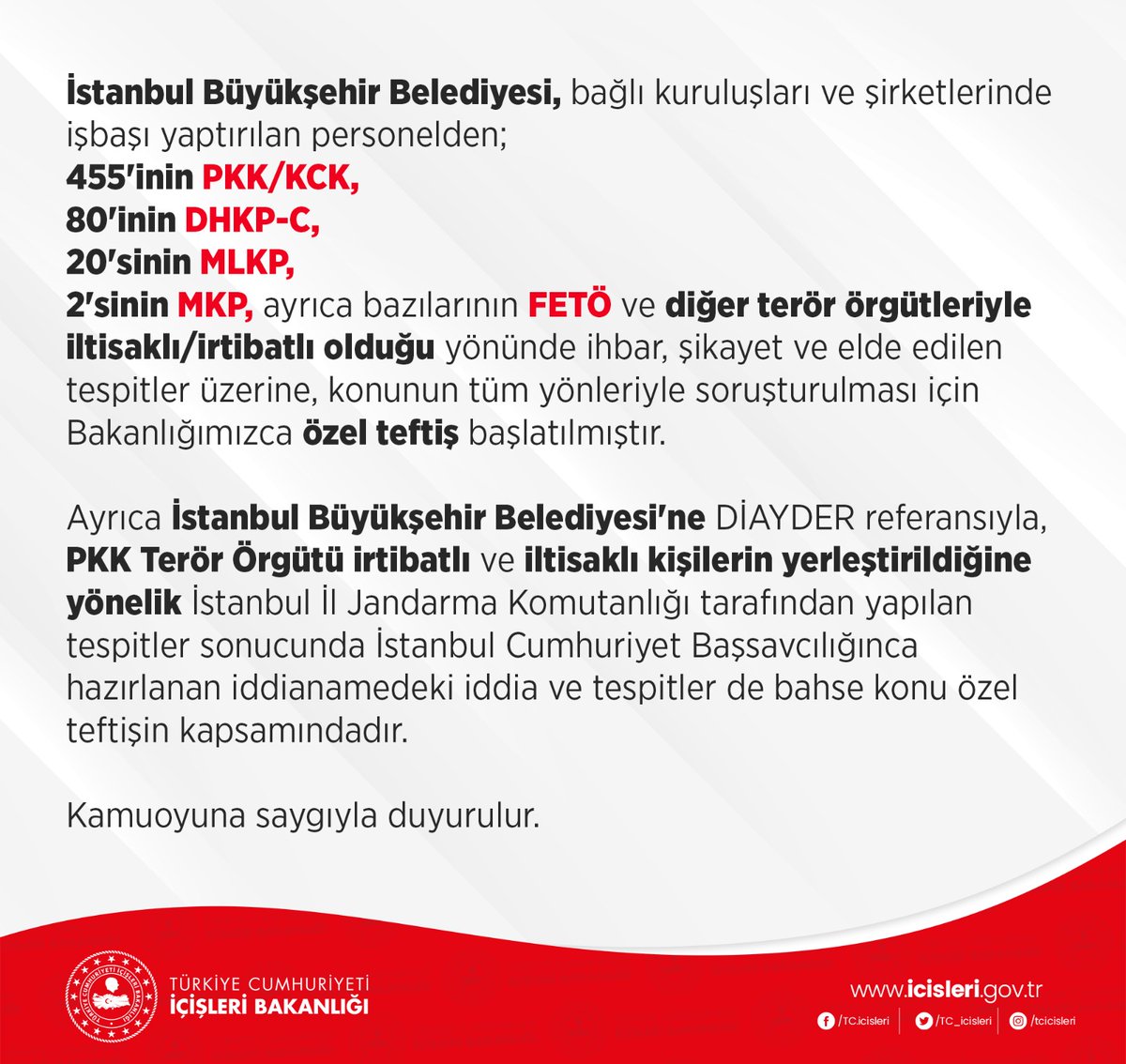 İstanbul Büyükşehir Belediyesi'nde işbaşı yaptırılan, terör örgütleriyle iltisaklı/irtibatlı olduğuna yönelik iddia ve tespitler…

DİAYDER referansıyla İBB’ye yerleştirilenlere yönelik, başlatılan özel teftişle ilgili açıklamamız ⬇️