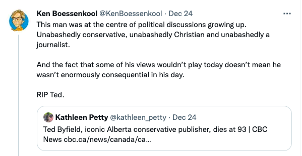 TheGentYYC's tweet photo. Any time a well known unabashed racist or homophobe dies, expect someone like @KenBoessenkool to scuttle out from the woodwork to perform the hard shovel-work of polishing their disgraces. He was a villain, Ken, and now so are you. #cdnpoli #abpoli https://t.co/2s4ZUNSoZu