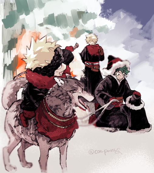 bakugou katsuki ,midoriya izuku blonde hair multiple boys 3boys green hair hat fur-trimmed headwear riding  illustration images