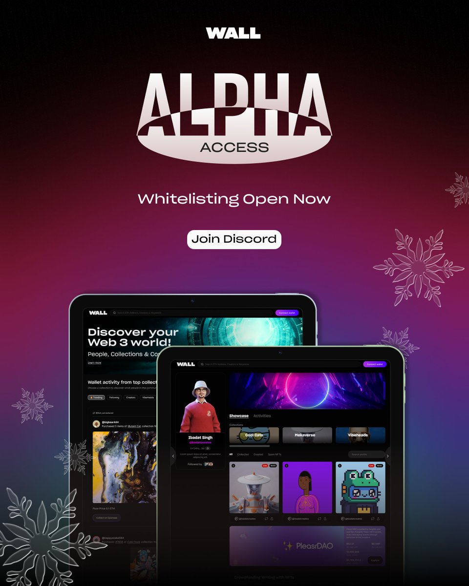 Hola! 🎄Holiday season brings along the cheer and <a href="/walldotapp/">WALL 🧱</a>'s alpha! 🎉 

Whitelisting for the Alpha is open now in Discord 
discord.gg/xfMSYvFM3t

What to expect in Alpha you ask ser? 

🧵
