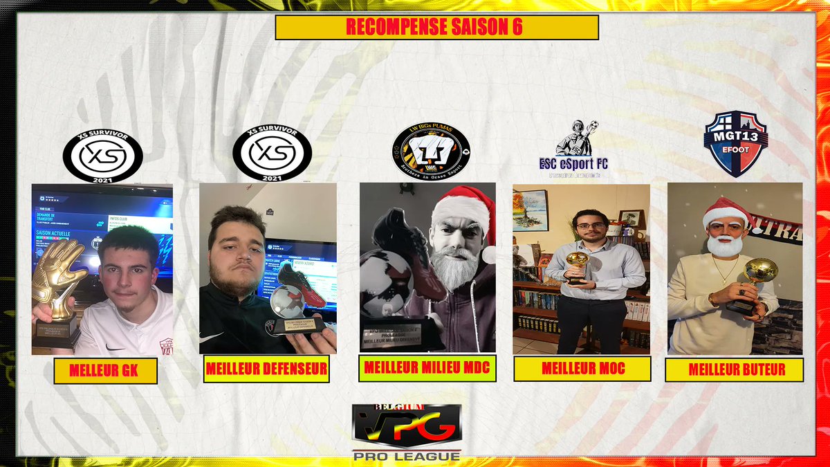 Même en VPG 🇧🇪 le père Noël est passé pour certains de nos participants. Bravo aux clubs de <a href="/Xs_Survivor/">Xs Survivor</a> <a href="/BiGsPUMAS/">BiGs PUMAS</a> <a href="/ESCeSportFC/">ESC eSport FC</a> et @MGT_EfooT et a leurs joueurs récompensés.
On vous attend la saison prochaine pour essayer de défendre vos titres.