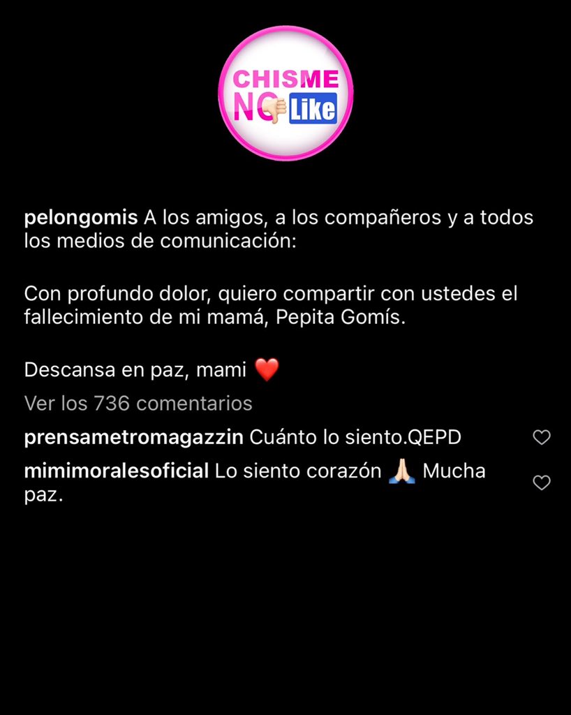 ChismeNo's tweet photo. #DeÚltimaHora 🚨 Fallece #PepitaGomís 

#HéctorSuárezGomís anunció a través de redes sociales el deceso de su madre a los 83 años de edad. 

QDEP ✞

Tu Equipo #ChismeNoLike #ElisaBeristain #JavierCeriani #Chisme #Farándula #ChismeDelDía #ElChismeEsVida #LaBrújulaDelEspectáculo https://t.co/lQ4E02T4eM