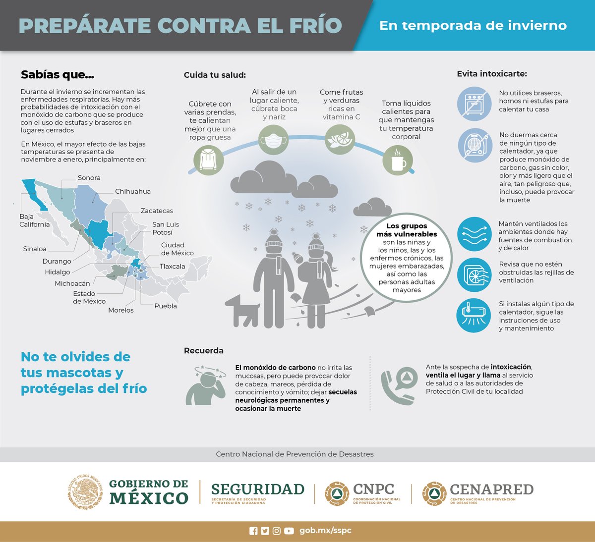 CNPC_MX's tweet photo. ¿Sabes cómo cuidarte del #frío? 🥶☃️

En esta infografía te dejamos varias recomendaciones para ti y tu familia.
No olvides a tus mascotas. 🐾🐶 https://t.co/ITm4LBuWYj