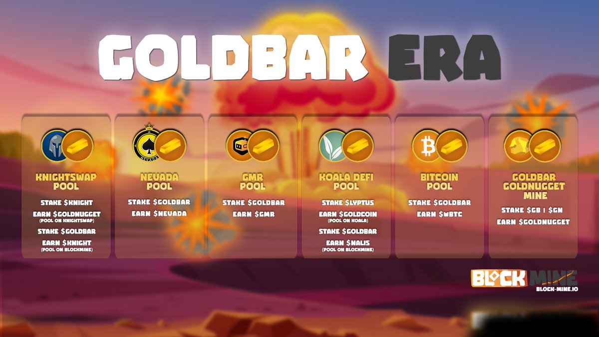 #GOLDBAR ERA has arrived!⛏

- UNLOCKED $GOLDBAR + UTLITY
- NEW $GOLDBAR POOLS W/ <a href="/GMRCenter/">GMR</a> <a href="/KoalaDefi/">Koala Defi</a> @NevadaCasinoBSC
- NEW $GB- $GN MINE
- NEW PARTNERSHIP W/ <a href="/KnightEcosystem/">Knight / Dark Knight</a> 
- NEW #BTC POOL
- TOKEN BUYBACK &amp; BURN🔥
Read our detailed post here:

blockmine.medium.com/introducing-th…