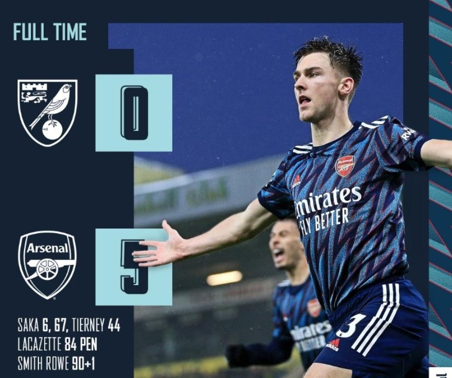 فوز آرسنال 5-0 على نورويتش يعتبر أكبر فوز له خارج الديار في تاريخ البريميرليج!