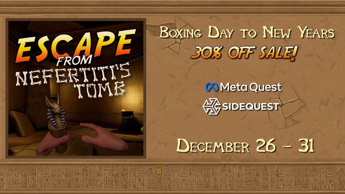 WisEngineering's tweet photo. #BoxingDay Escape from Nefertiti’s Tomb on sale for $11.99!  #VRgame #Escape #indiedev #BoxingDay2021 #Quest2 @SideQuestVR #RETWEEETME #OculusQuest2 #Metaverse #Oculus 
Here:https://t.co/PxzwGJvYlx https://t.co/MVCDJAVeLo