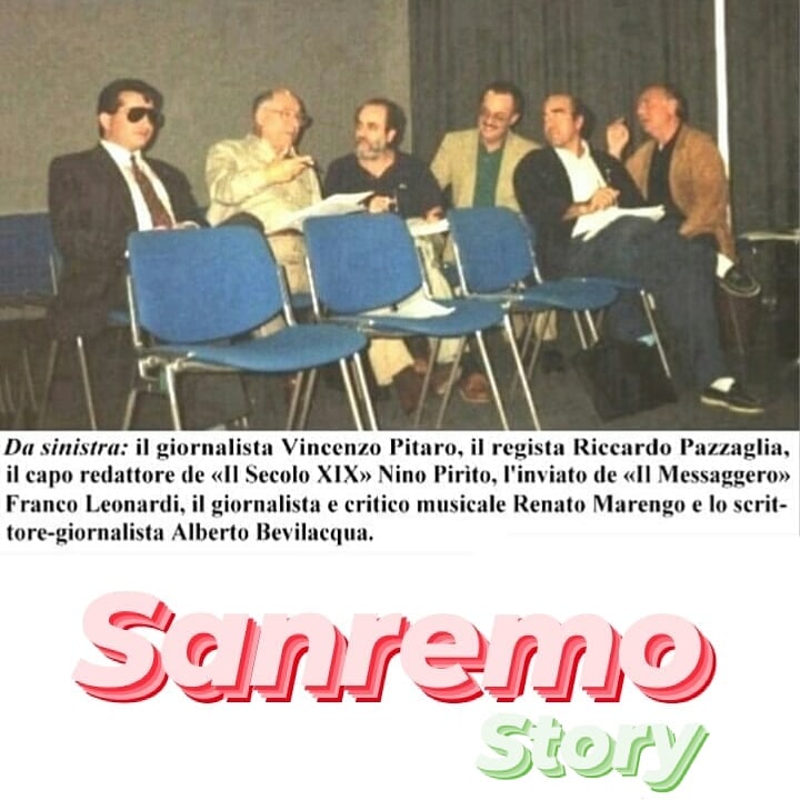 SanremoPress's tweet photo. 🎙 #Sanremo Story. Una (storica) #giuria. Primo a sinistra: #VincenzoPitaro, #PressOffice.  Poi, #RiccardoPazzaglia (autore di #Meraviglioso, #Lazzarella ecc.), #NinoPirito (#IlSecoloXIX), #FrancoLeonardi (#IlMessaggero),  #RenatoMarengo (#Rai) e lo scrittore #AlbertoBevilacqua. https://t.co/kCu04acsYQ