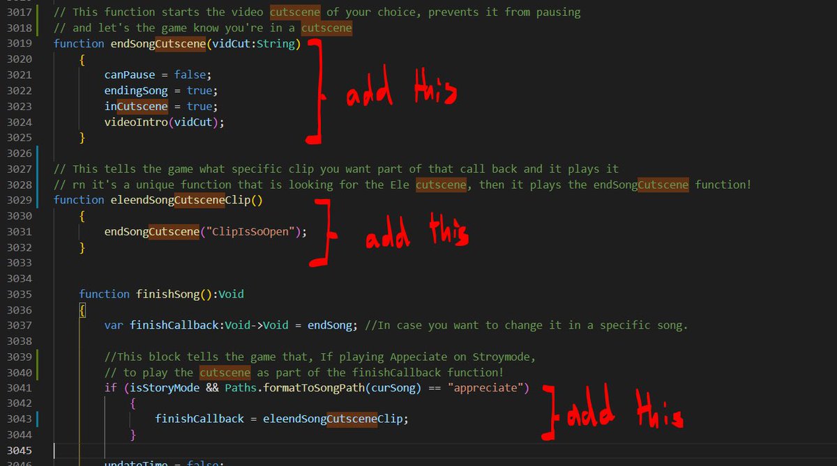 TheJakeneutron's tweet photo. Okay so—- felt I could just put this somewhere— in case someone needs it.
If you’re wondering how to code Ending Cutscenes in Psych v0.4’s source— here’s a brief tutorial for that with code from #Friday4Fun
All this code is in PlayState.hx https://t.co/r3F7BUxQEz