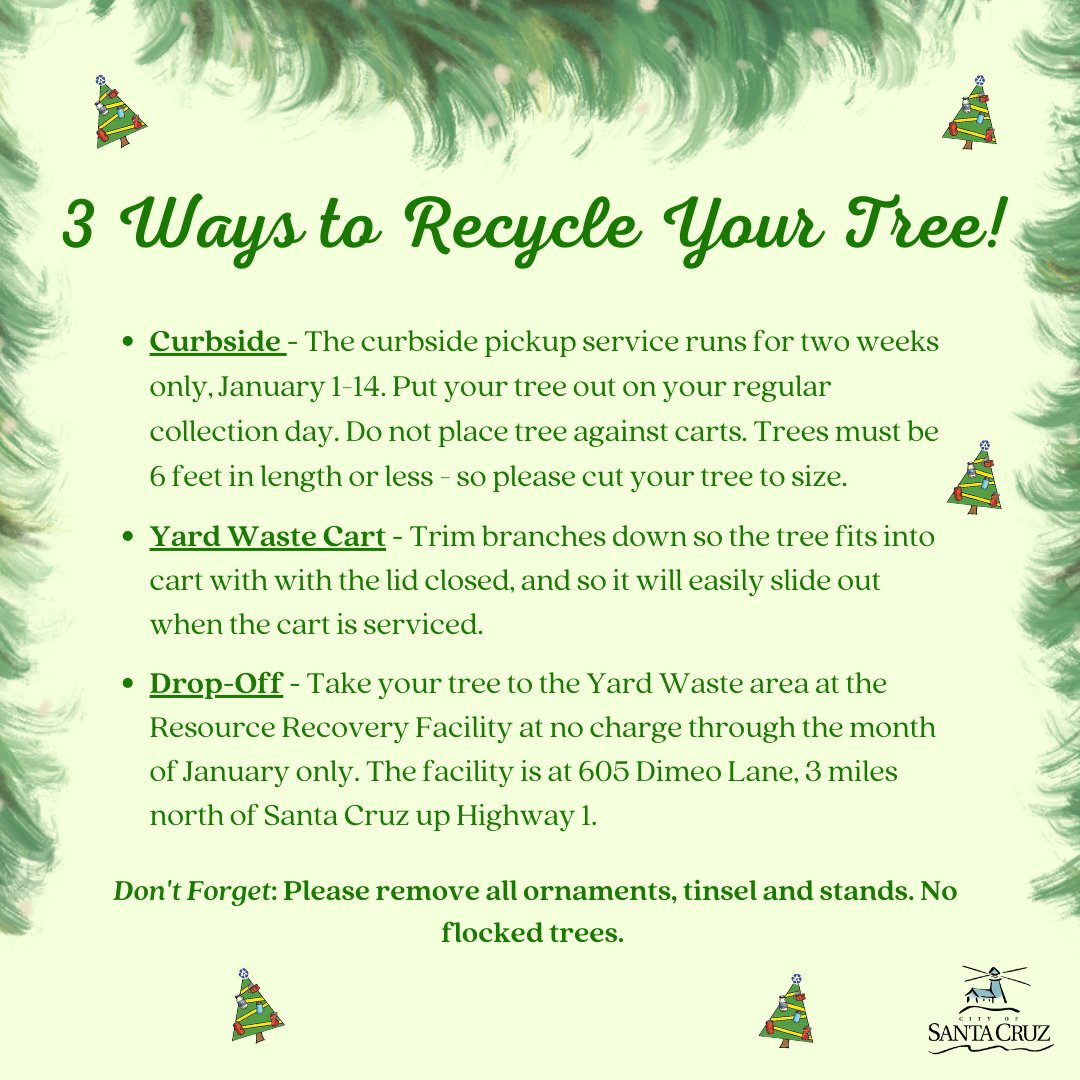 CityofSantaCruz's tweet photo. 🌲 Place your tree curbside for pick up Jan. 1-14. There are 2 more ways to recycle your tree in Santa Cruz! https://t.co/scLYOctpfH