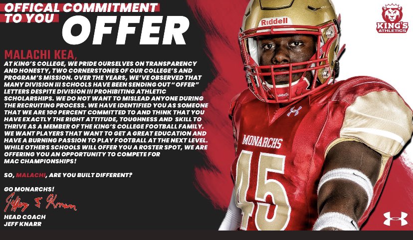 Blessed to receive an offer from King’s college!🦁 Huge thanks to <a href="/jeff_knarr/">Jeff Knarr</a> <a href="/Coach_Bantell/">Chris Bantell</a>!