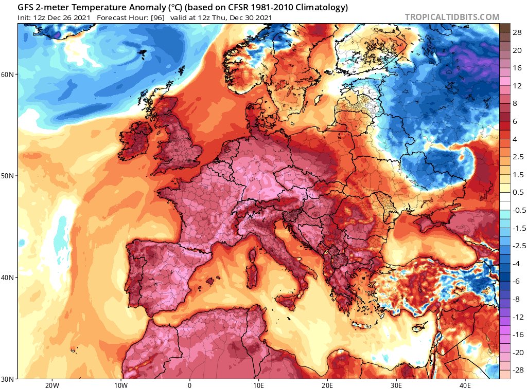 More highly unusual weather this week with a huge warm temperature anomaly forecast for much of western Europe.

Temperatures likely to be well over 10°C higher than long term averages.

Records possible.