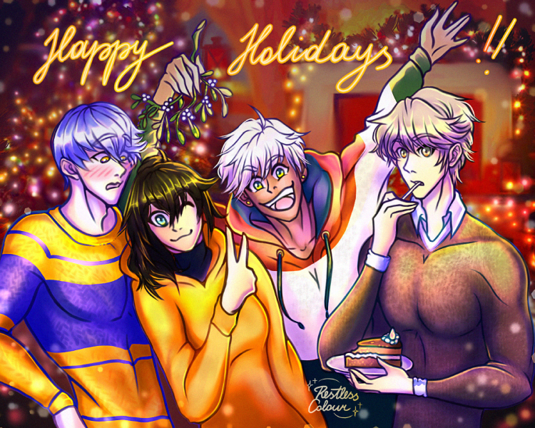 RestlessColour's tweet photo. Happy Holidays @r_ani_art ❄️✨

I hope you had a great time and a relaxing weekend so far! It was a lot of fun drawing your OC and the boys as your @OMSecretSanta gift! Hope you enjoy ❄️✨

#obeymeleviathan #obeymemammon #obeymesolomon #obeyme #おべいみー #ObeyMeSecretSanta2021 https://t.co/1HOQaTTqTe