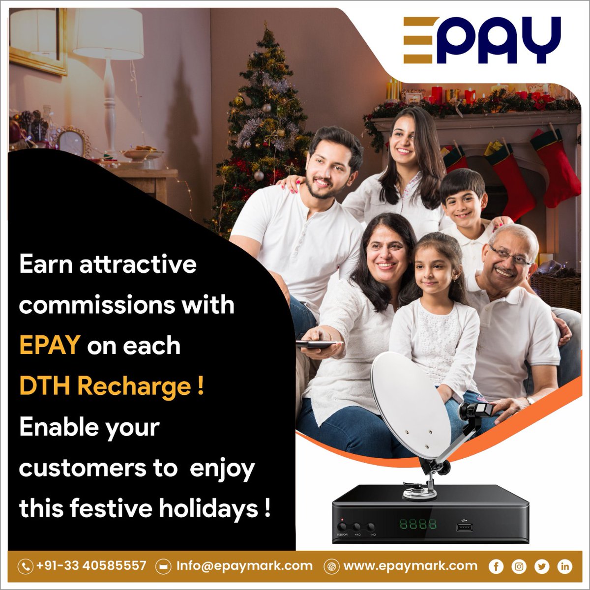 epaymark's tweet photo. Earn attractive commissions with EPAY on each DTH Recharge !
Enable your customers to enjoy this festive holidays !
#epaymark #DTHrecharge #earnmoney #Retailer https://t.co/XTntrlFKx6