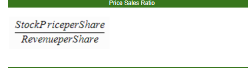 36. Price Sales ratioLa relación Precio / Ventas, también conocida como relación P / S, es una fórmula que se utiliza para medir el valor total que los inversores otorgan a la empresa en comparación con los ingresos totales generados por la empresa.