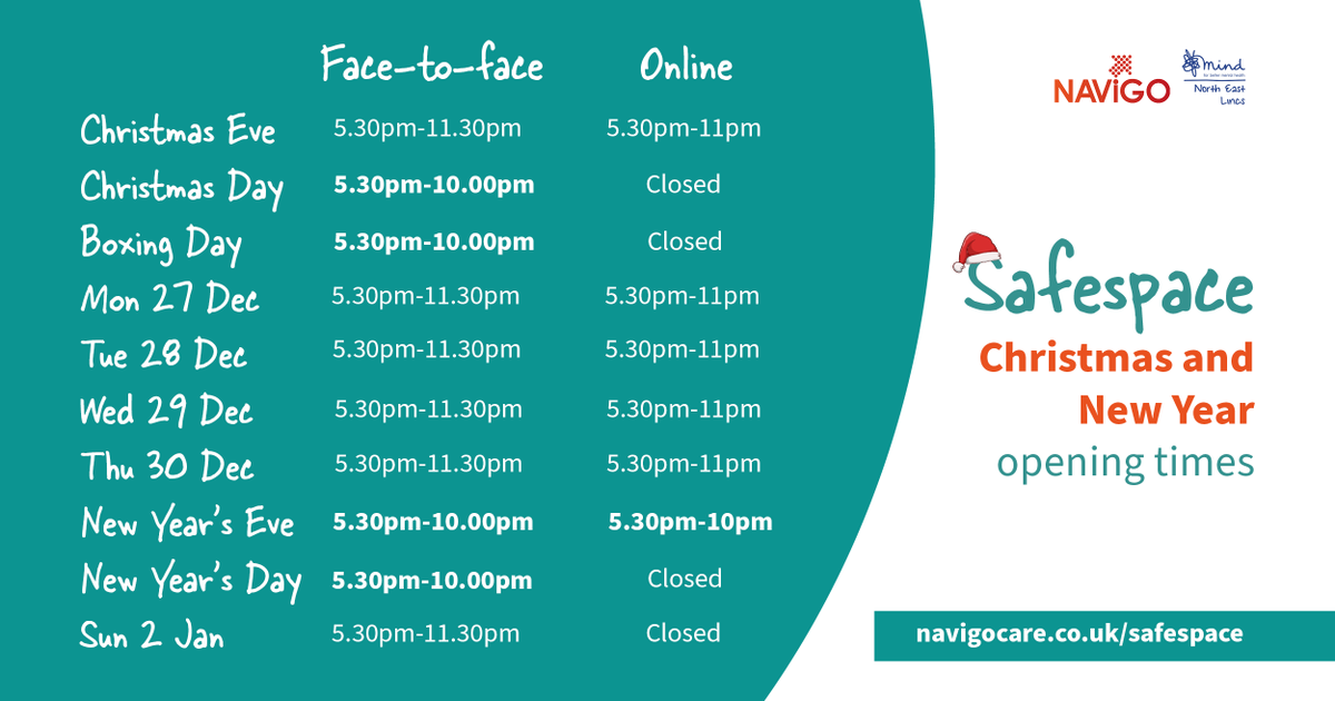 navigocare's tweet photo. 🎄 Safespace is OPEN over the festive period! If you're feeling lonely, low or vulnerable, drop in and speak to the team: https://t.co/pBiqGyF4i9

Please note the below changes to opening times - and RT for someone who might need it! 

#Grimsby #Cleethorpes #immingham https://t.co/UhInRS70pQ