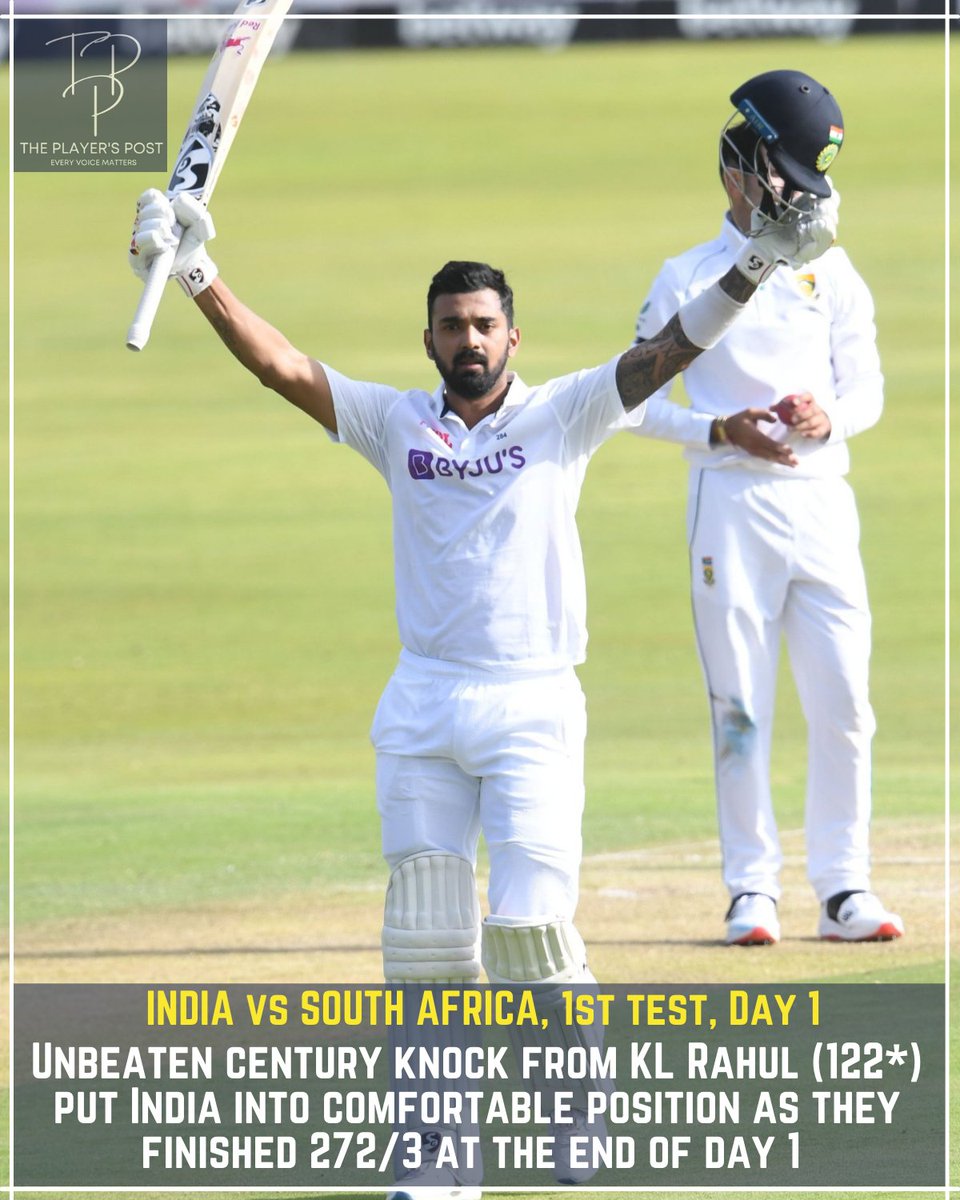 theplayerspost's tweet photo. #INDvSA 1st Test, at #Centurion

#ViratKohli won the toss and #India decided to bat first! 

117/0, Rahul-Agrawal gives India a steady &amp; healthy start. 
#KLRahul scored brilliant 122* runs knock in testing conditions.

India:272/3 at stumps. 
#SAvsIND https://t.co/KduuN2p9cr