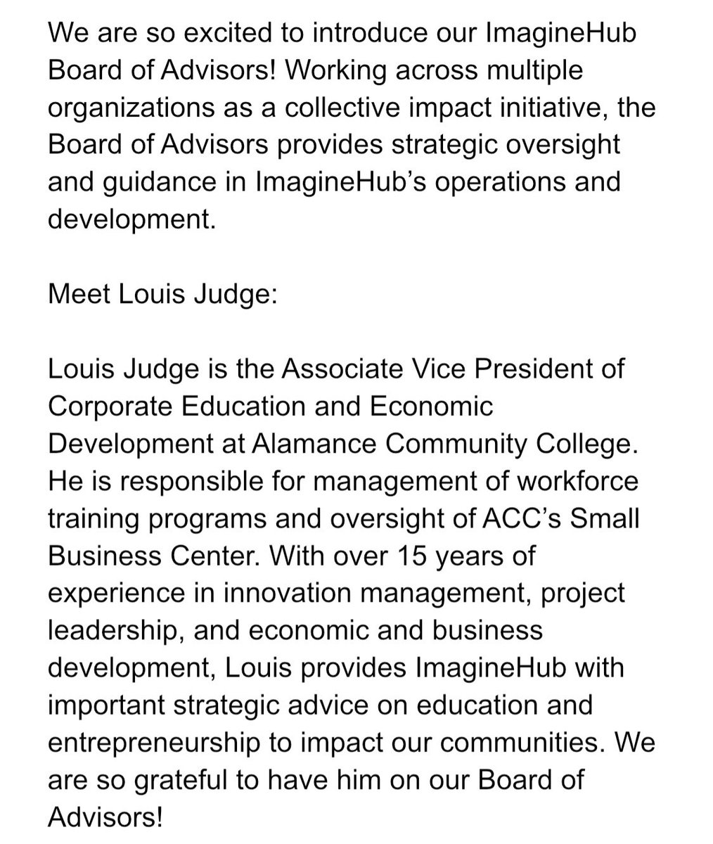 ImaginehubU's tweet photo. We are so excited to introduce our ImagineHub Board of Advisors! Working across multiple organizations as a collective impact initiative, the Board of Advisors provides strategic oversight and guidance in ImagineHub’s operations and development. 

Meet Louis Judge: https://t.co/jpglHjCwII