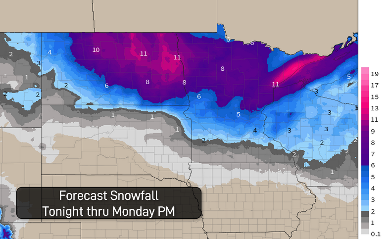 Our next round of winter weather is just making its way into southwestern Minnesota.  Heaviest snowfall looks to pile up across eastern ND and along the North Shore of MN via lake enhancement.  Monday morning commute looks un-fun. https://t.co/uXlsu5yRSW