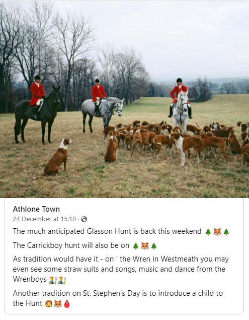 AnimalPartyIE's tweet photo. The Party for Animal Welfare (PAW) says:  Shame on the "Athlone Town" Facebook page for promoting this barbarism, the Glasson Hunt.  👿    @westmeathindo @ACR884  #Athlone #Westmeath #Roscommon  @HuntSabsIreland @banbloodsports  #banfoxhunting https://t.co/lQDsmbCkWH
