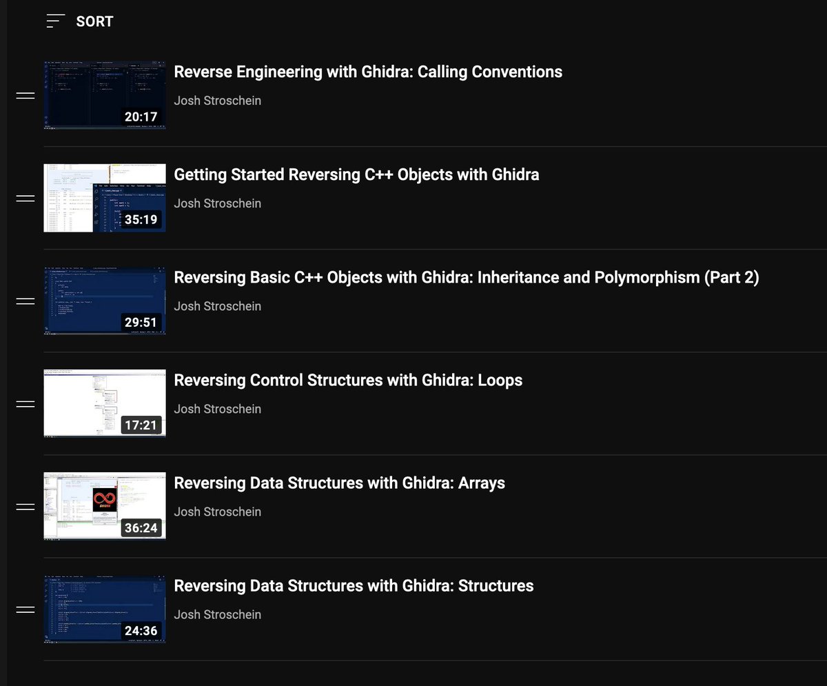 I've posted some videos covering reverse engineering concepts using #ghidra on YouTube - covers calling conventions, C++ objects and data structures. Playlist 👓 youtube.com/playlist?list=… I also have a course on @pluralsight to help get started! 🎓 pluralsight.com/courses/revers…