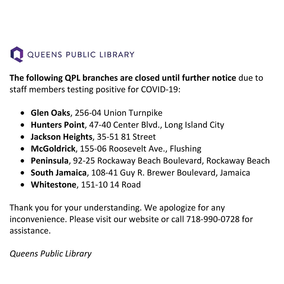 The following QPL branches are closed until further notice due to staff members testing positive for #COVID19. 
Thank you for your understanding. We apologize for any inconvenience.