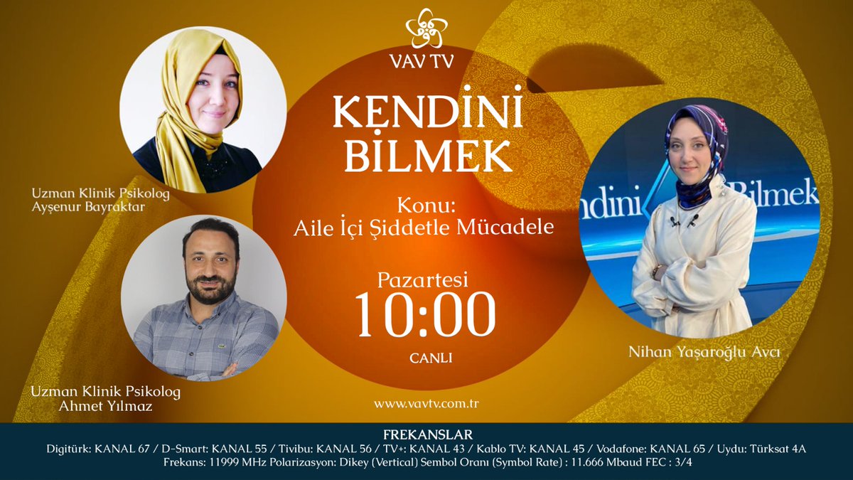 #KendiniBilmek programında bu hafta “Aile İçi Şiddetle Mücadele” konusu ele alınıyor…

Nihan Yaşaroğlu Avcı’nın sunumuyla Uzman Klinik Psikolog <a href="/aysenurbayraktr/">Uzm.Psk.Ayşenur Bayraktar</a> ve Uzman Klinik Psikolog <a href="/pskahmetyilmaz/">Ahmet Yılmaz</a>’ın konuk olacağı #KendiniBilmek yarın 10:00’da VAV TV’de.