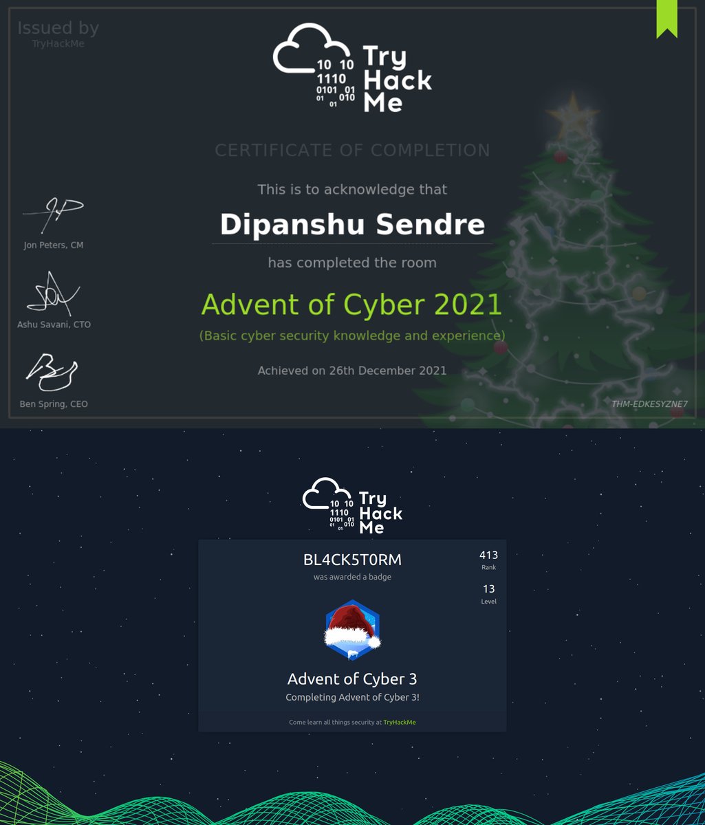seciopath's tweet image. Finally, we have saved Christmas and once again we have defeated Grinch Enterprise. Thank you TryHackMe for this amazing opportunity to save Christmas. I wish everyone will have a good year ahead.
#adventofcyber2021 #aoc3 #aoc2021 #opportunity #thankyou