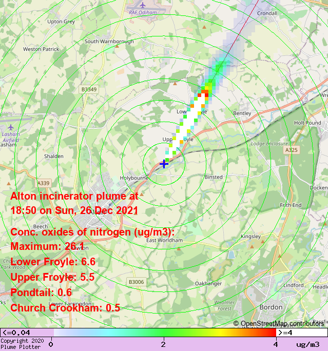 plumeplotter's tweet photo. Latest Alton incinerator plume plot, 18:50 26/12/21 #LowerFroyle #UpperFroyle #Pondtail https://t.co/VMzYTwGnPN https://t.co/vMOni14nJg